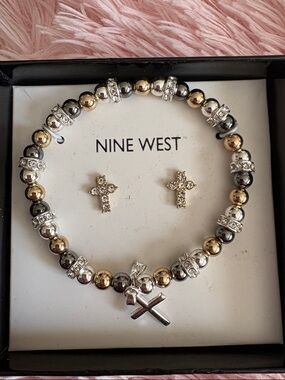 Nine West Gold & Silver Cross Bracelet & Earrings Set with Crystal Rondelles NIB